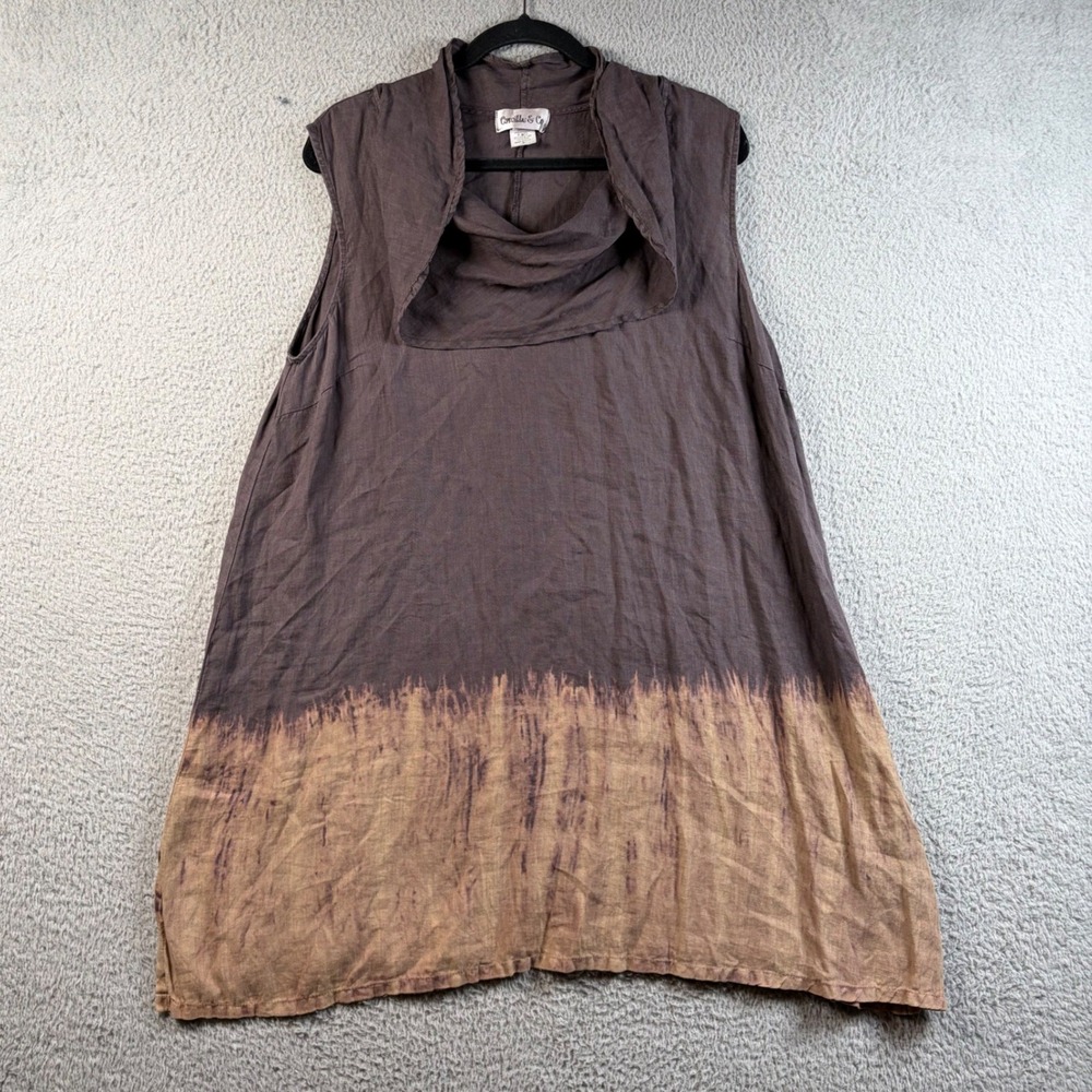 Vintage Camille & Co Linen Tunic Dress M Brown Dip Dye Cowl Neck Lagenlook Boho